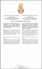 Lettres patentes confirmant le blasonnement de l'insigne de The South Alberta Light Horse