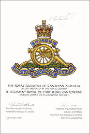 Letters patent approving the Badge of The Royal Regiment of Canadian Artillery ensigned by the Royal Crown