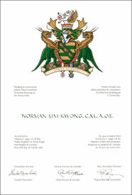Lettres patentes concédant des emblèmes héraldiques à Norman Lim Kwong