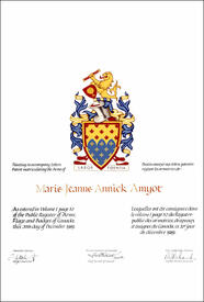 Letters patent granting Armoirial Bearings to Marie Jeanne Annick Amyot