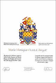 Letters patent granting heraldic emblems to Marie Monique Chantal Amyot
