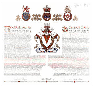 Lettres patentes concédant des emblèmes héraldiques à Roméo Adrien LeBlanc, peintes par Debra MacGarvie