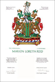 Letters patent granting heraldic emblems to Marion Loretta Reid Letters patent granting heraldic emblems to Marion Loretta Reid
