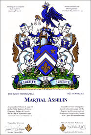 Letters patent granting heraldic emblems to Martial Asselin