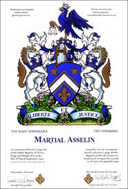 Letters patent granting heraldic emblems to Martial Asselin Letters patent granting heraldic emblems to Martial Asselin
