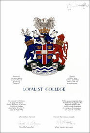 Letters patent granting heraldic emblems to The Loyalist College of Applied Arts and Technology