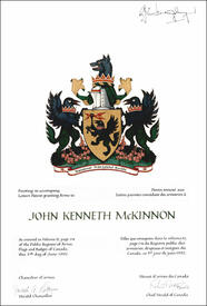 Letters patent granting heraldic emblems to John Kenneth McKinnon Letters patent granting heraldic emblems to John Kenneth McKinnon