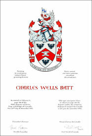 Lettres patentes concédant des emblèmes héraldiques à Charles Wells Batt