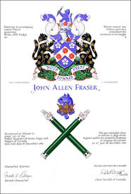 Letters patent granting heraldic emblems to John Allen Fraser