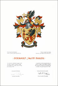 Letters patent granting heraldic emblems to Bernard Jacob Baker
