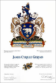 Letters patent granting heraldic emblems to James Cyrille Gervais