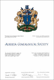 Letters patent granting heraldic emblems to the Alberta Genealogical Society