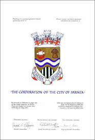Letters patent granting heraldic emblems to The Corporation of the City of Sarnia Letters patent granting heraldic emblems to The Corporation of the City of Sarnia