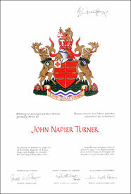 Letters patent granting heraldic emblems to John Napier Turner
