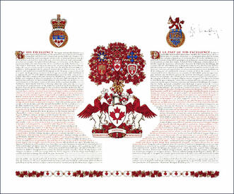 Lettres patentes concédant des emblèmes héraldiques à l'Autorité héraldique du Canada, peintes par Joan Bouwmeester