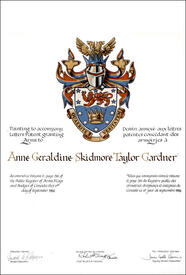 Lettres patentes concédant des emblèmes héraldiques à Anne Geraldine Skidmore Taylor Gardner