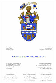 Letters patent granting heraldic emblems to Patrick Owen Sweezey Letters patent granting heraldic emblems to Patrick Owen Sweezey