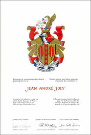 Letters patent granting heraldic emblems to Jean André Joly Letters patent granting heraldic emblems to Jean André Joly