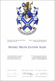 Letters patent granting heraldic emblems to Michael Walter Elliston Allen