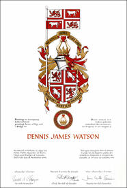 Letters patent granting heraldic emblems to Dennis James Watson
