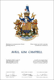 Letters patent granting heraldic emblems to Avril Kim Campbell