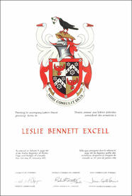 Letters patent granting heraldic emblems to Leslie Bennett Excell Letters patent granting heraldic emblems to Leslie Bennett Excell