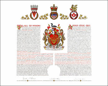 Letters patent granting heraldic emblems to Adrienne Clarkson, painted by Debra MacGarvie