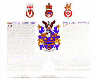 Letters patent granting heraldic emblems to the Association des familles Mallet d'Amérique