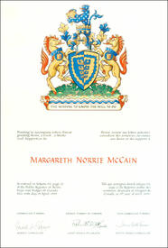 Lettres patentes concédant des emblèmes héraldiques à Margaret Norrie McCain Lettres patentes concédant des emblèmes héraldiques à Margaret Norrie McCain