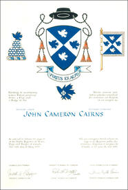 Lettres patentes concédant des emblèmes héraldiques à John Cameron Cairns