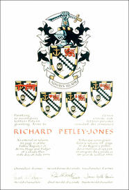Lettres patentes concédant des emblèmes héraldiques à Richard Petley-Jones