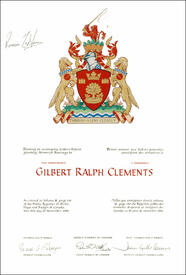 Letters patent granting heraldic emblems to Gilbert Ralph Clements