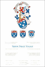 Letters patent granting heraldic emblems to Robin Bruce Mackie