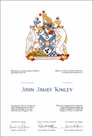 Letters patent granting heraldic emblems to John James Kinley Letters patent granting heraldic emblems to John James Kinley