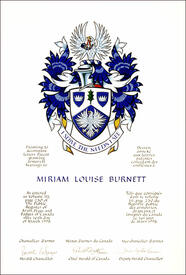 Lettres patentes concédant des emblèmes héraldiques à Miriam Louise Burnett Lettres patentes concédant des emblèmes héraldiques à Miriam Louise Burnett