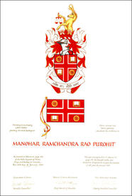 Lettres patentes concédant des emblèmes héraldiques à Manohar Ramchandra Rao Purohit Lettres patentes concédant des emblèmes héraldiques à Manohar Ramchandra Rao Purohit