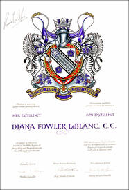 Letters patent granting heraldic emblems to Diana Fowler LeBlanc
