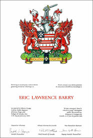 Letters patent granting heraldic emblems to Eric Lawrence Barry