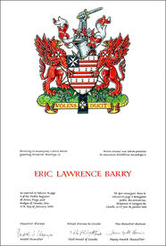 Lettres patentes concédant des emblèmes héraldiques à Eric Lawrence Barry Lettres patentes concédant des emblèmes héraldiques à Eric Lawrence Barry