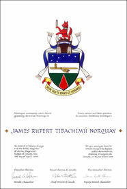 Letters patent granting heraldic emblems to James Rupert Tibachimú Norquay