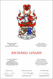 Letters patent granting heraldic emblems to Richard Logan