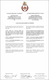 Lettres patentes enregistrant les emblèmes héraldiques de James Richard Harrington Brisbin Lettres patentes enregistrant les emblèmes héraldiques de James Richard Harrington Brisbin