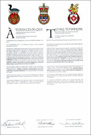 Letters patent granting heraldic emblems to the Comité d'action francophone Pontiac, Loge Chevalier de Lorimier