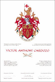 Letters patent granting heraldic emblems to Victor Anthony Cardozo Letters patent granting heraldic emblems to Victor Anthony Cardozo