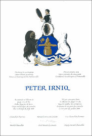 Lettres patentes concédant des emblèmes héraldiques à Peter Irniq Lettres patentes concédant des emblèmes héraldiques à Peter Irniq