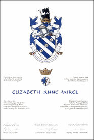 Letters patent granting heraldic emblems to Elizabeth Anne Mikel Letters patent granting heraldic emblems to Elizabeth Anne Mikel