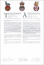 Letters patent granting heraldic emblems to Lewis David St Columb Skene-Melvin