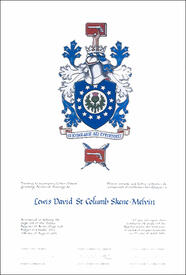 Letters patent granting heraldic emblems to Lewis David St Columb Skene-Melvin