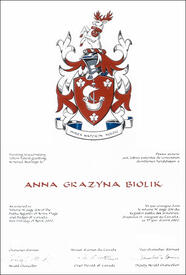 Letters patent granting heraldic emblems to Anna Grazyna Biolik