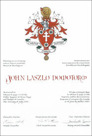 Lettres patentes concédant des emblèmes héraldiques à John Laszlo Domotor